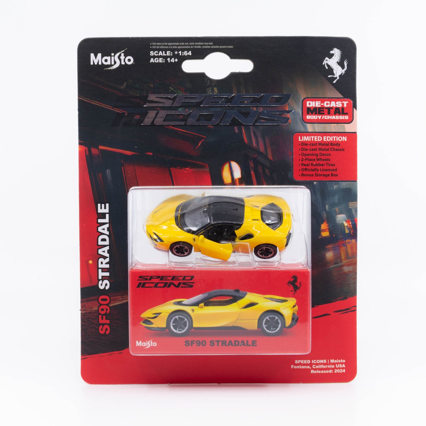 1:64 Maisto Speed Icons Ferrari SF90 Stradale in yellow with detailed bodywork. Package front