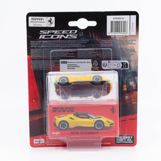 1:64 Maisto Speed Icons Ferrari SF90 Stradale in yellow with detailed bodywork. Package Back