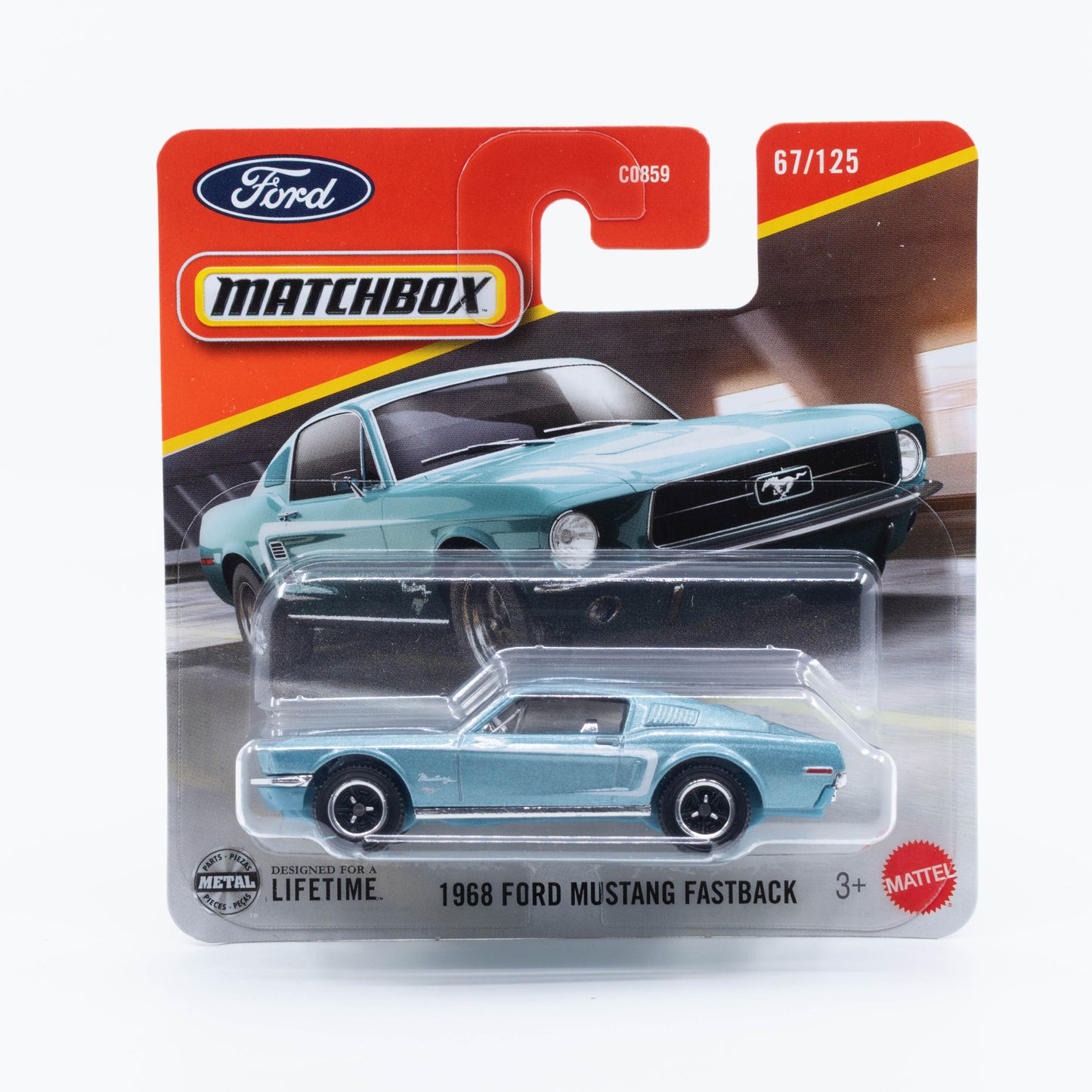 1:64 Matchbox 1968 Ford Mustang Fastback Blue – retooled classic muscle car die-cast model.