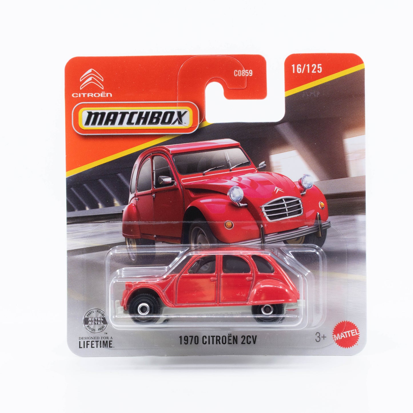 Matchbox 1:64 1970 Citroën 2CV red classic French economy car die-cast model.