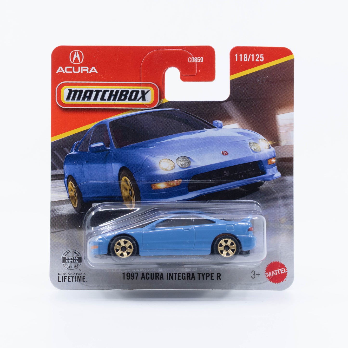 Matchbox 1997 Acura Integra Type R high-performance Japanese coupe in 1:64 scale.