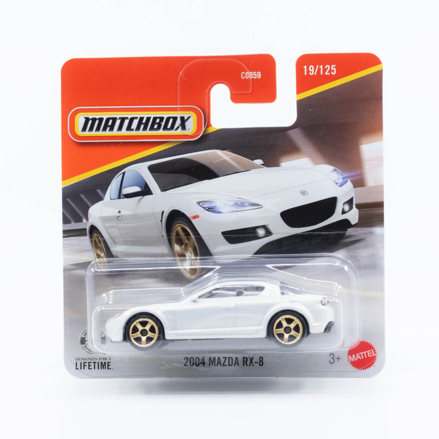 Matchbox 1:64 2004 Mazda RX-8 white Japanese rotary sports coupe die-cast model.