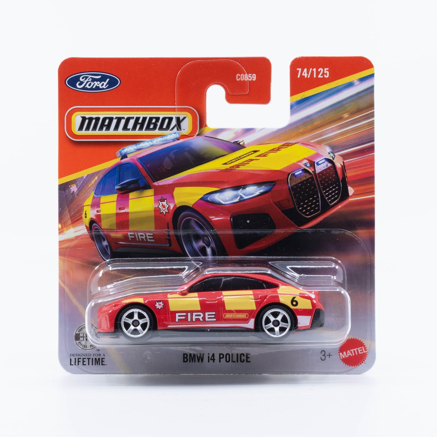 Matchbox BMW i4 emergency vehicle in red and yellow firefighter support livery.