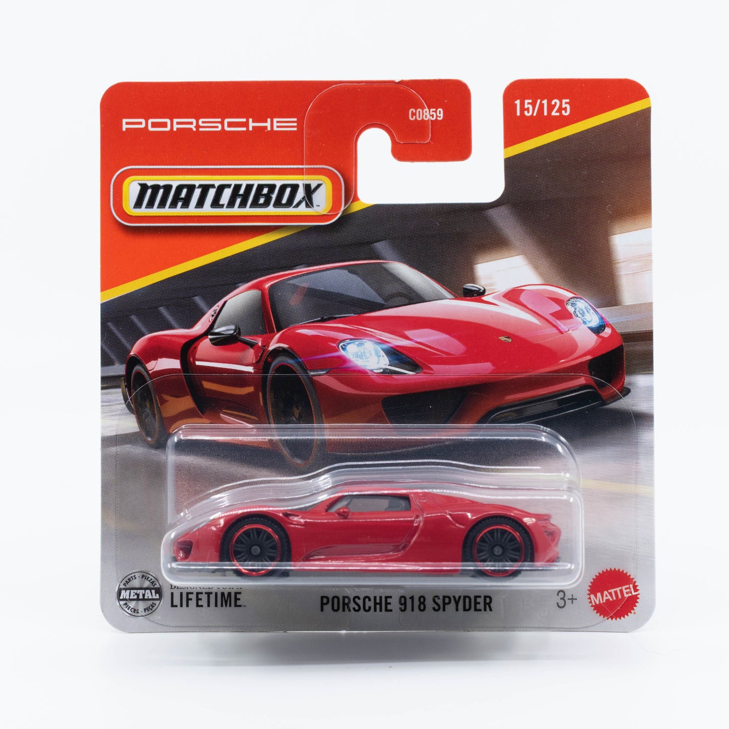 1:64 Matchbox Porsche 918 Spyder Red – die-cast hybrid supercar model.