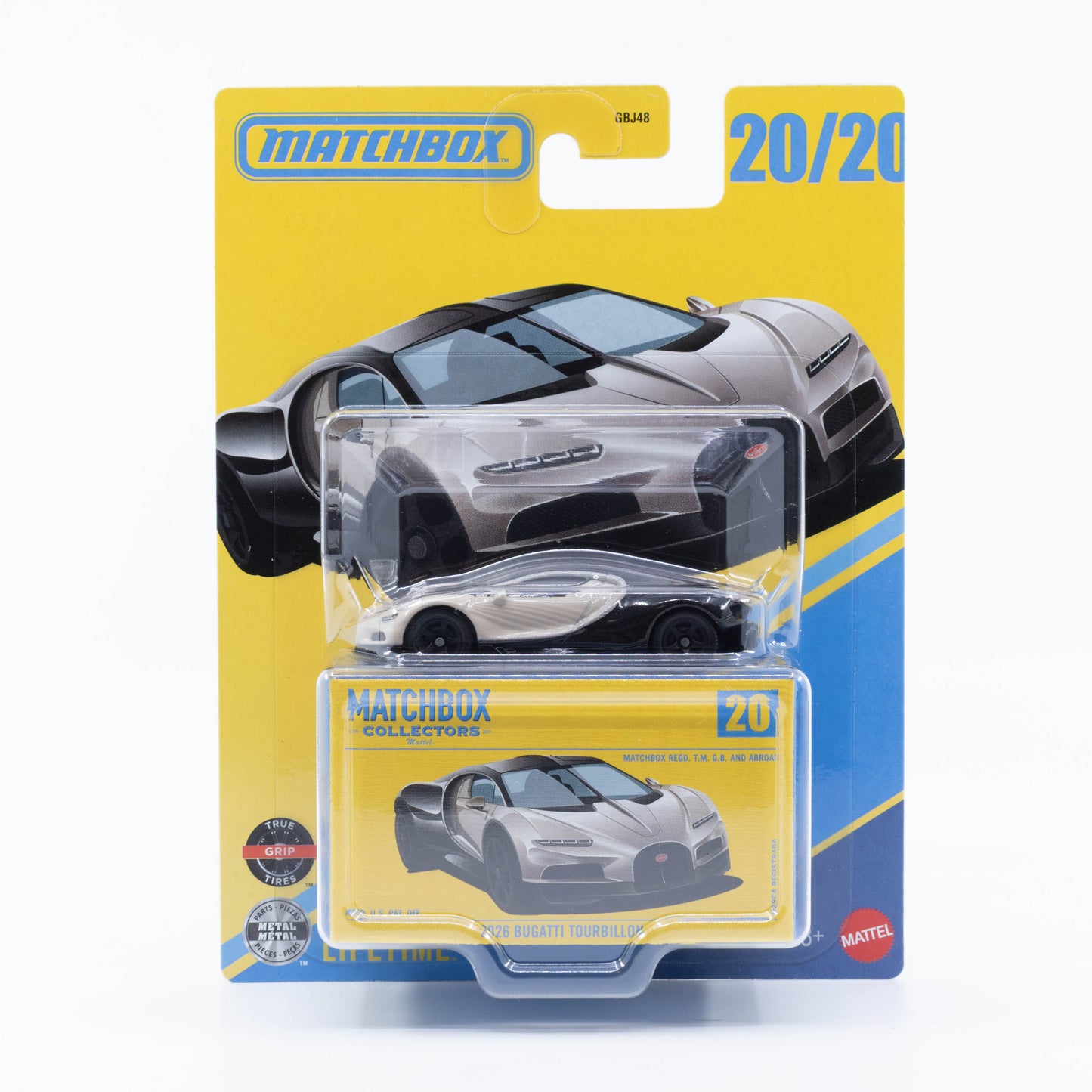 Matchbox Collectors 2026 Bugatti Tourbillon in beige and black.