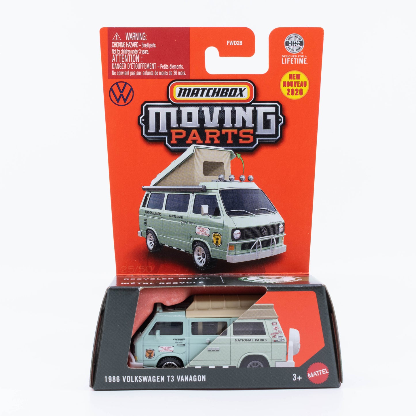 Matchbox Moving Parts 1986 Volkswagen T3 Vanagon National Parks edition with extended camping roof.