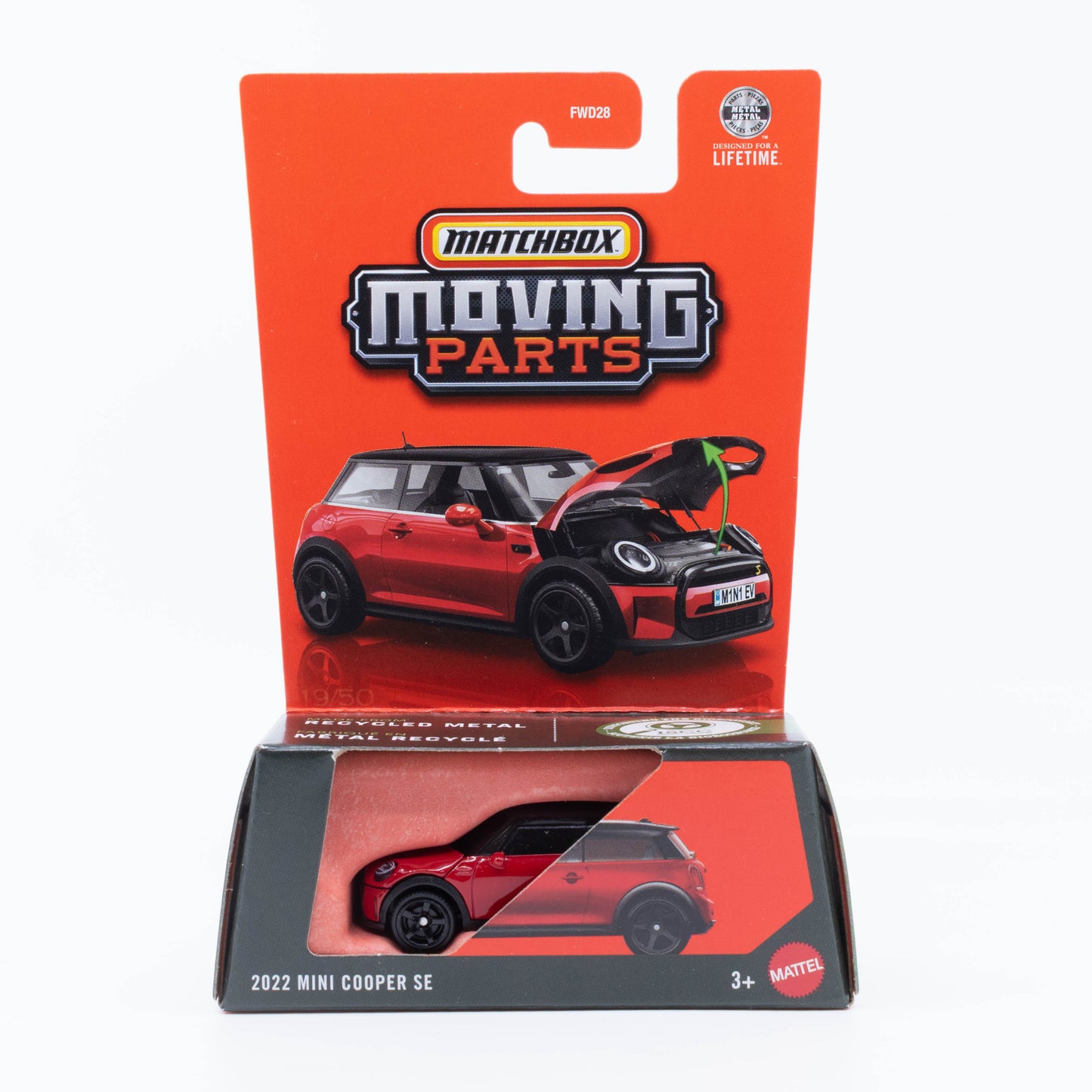Matchbox 1:64 2022 Mini Cooper SE red opening hood electric hatchback diecast model