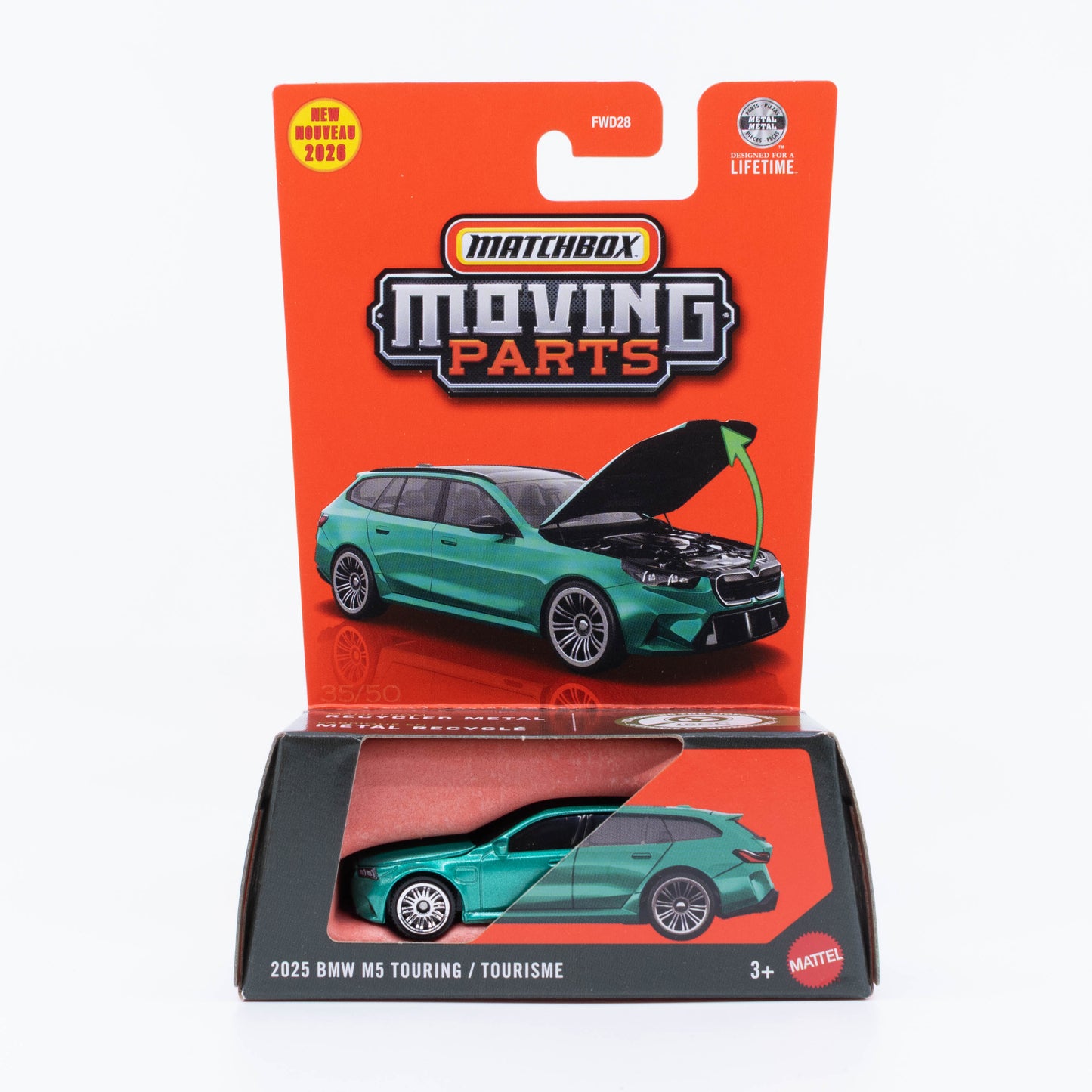 Matchbox Moving Parts 2025 BMW M5 Touring with opening hood.