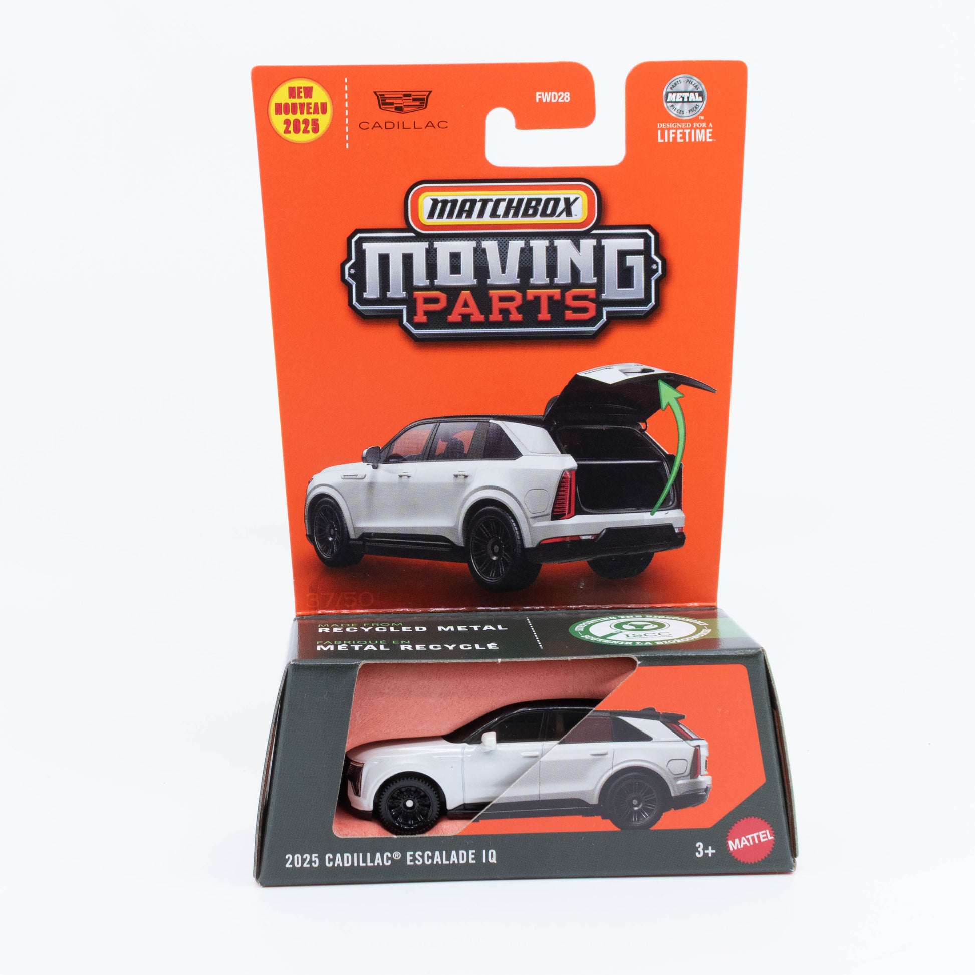 1:64 scale Matchbox Cadillac Escalade IQ 2025 with opening tailgate, detailed interior, sleek futuristic electric SUV design.