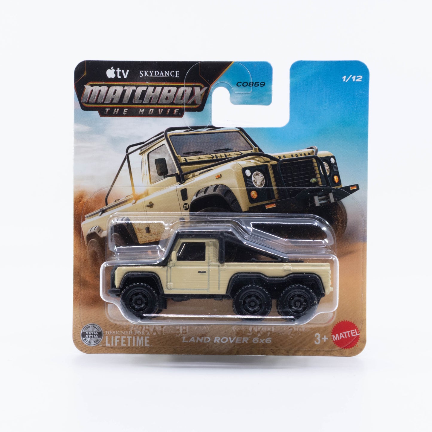 Matchbox The Movie Land Rover 6x6 six-wheeled off-road vehicle in 1:64 scale.