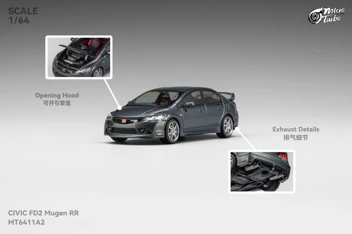 Micro Turbo 1:64 Honda Civic Type R FD2 Mugen RR metallic grey opening hood detailed engine diecast model