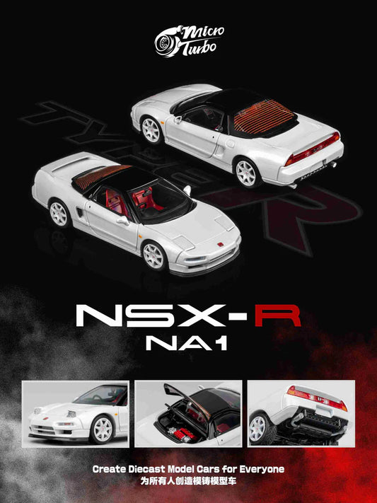 1:64 scale Micro Turbo Custom NSX-R in metallic white with widebody kit and detailed exterior.