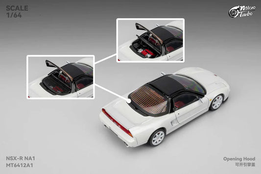 1:64 scale Micro Turbo Custom NSX-R in metallic white with widebody kit and detailed exterior. Engine bay details