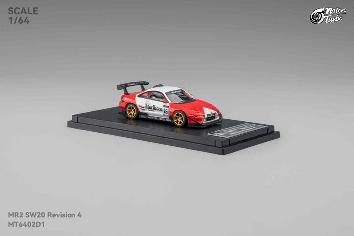1:64 Micro Turbo Toyota MR2 SW20 #28 Marlboro Livery – die-cast model with pop-up headlights and gold