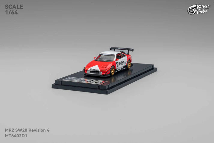 1:64 Micro Turbo Toyota MR2 SW20 #28 Marlboro Livery – die-cast model with pop-up headlights and gold