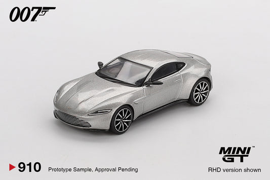1:64 Mini GT Aston Martin DB10 Spectre 2015 – silver James Bond die-cast model in English packaging. Front
