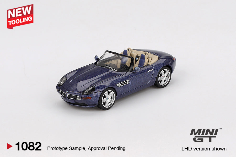 Mini GT BMW Z8 in Alpina Blue, 2003 edition 1:64 scale model with detailed trim. Front
