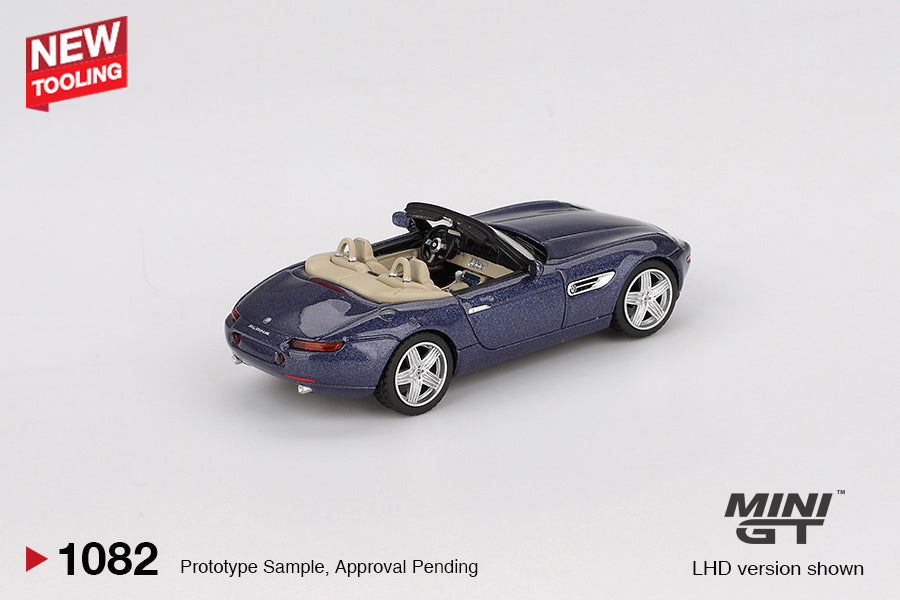 Mini GT BMW Z8 in Alpina Blue, 2003 edition 1:64 scale model with detailed trim. Back