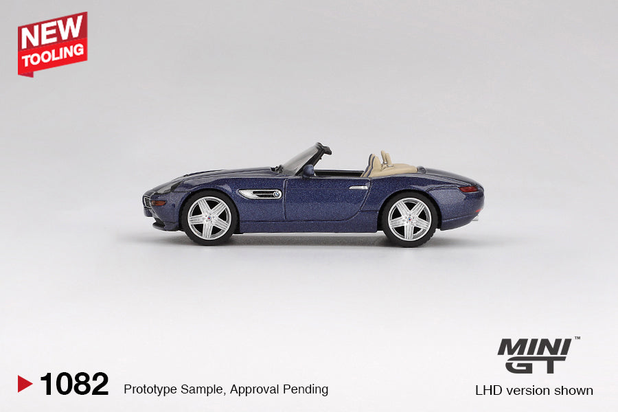 Mini GT BMW Z8 in Alpina Blue, 2003 edition 1:64 scale model with detailed trim. Side