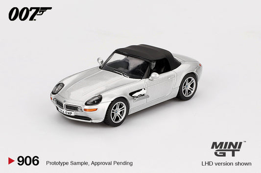 Mini GT 1:64 BMW Z8 from The World Is Not Enough (1999) in English packaging – detailed silver Bond car collectible. Front