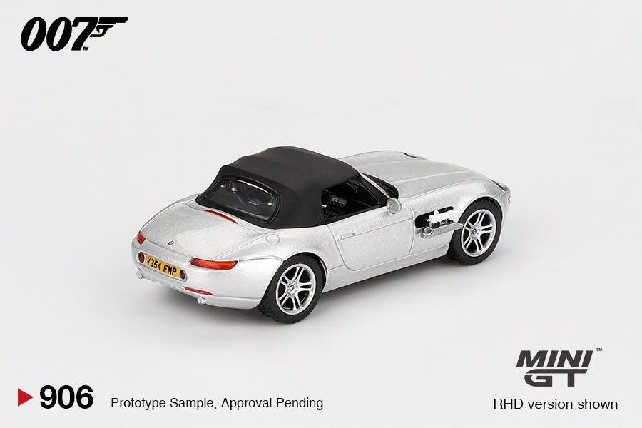 Mini GT 1:64 BMW Z8 from The World Is Not Enough (1999) in English packaging – detailed silver Bond car collectible. Back