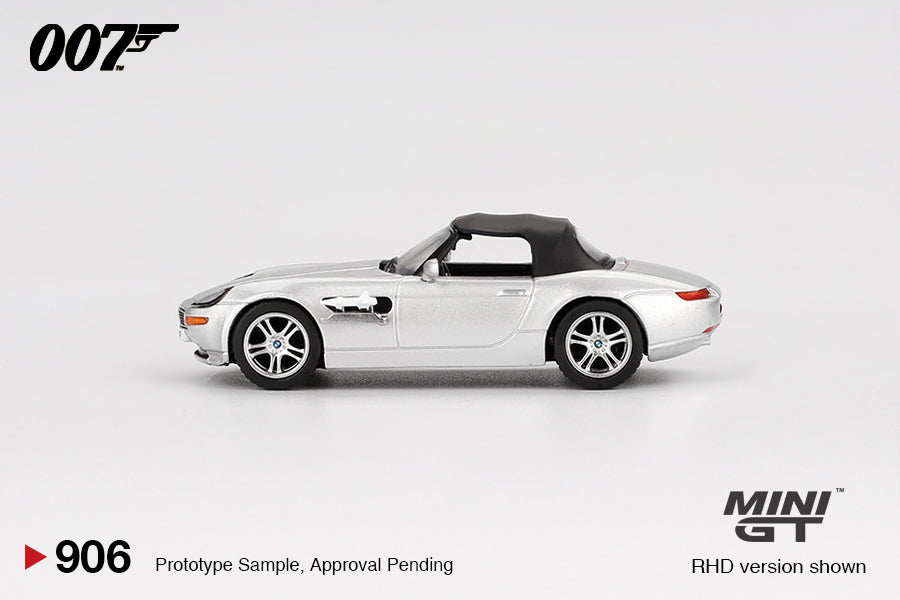 Mini GT 1:64 BMW Z8 from The World Is Not Enough (1999) in English packaging – detailed silver Bond car collectible. Side