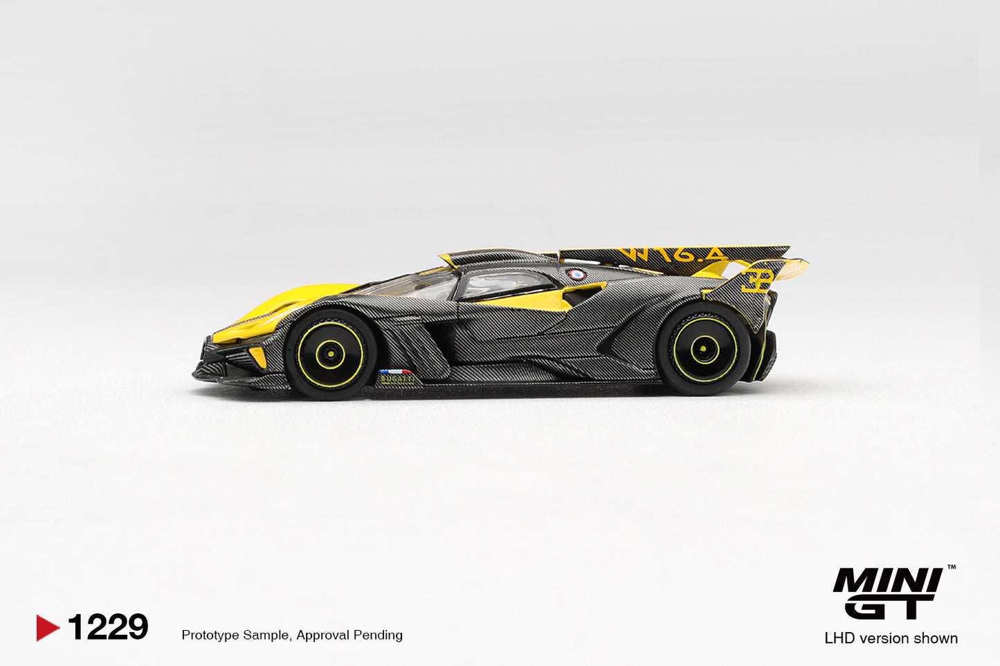 Mini GT Bugatti Bolide yellow 2020 1:64 diecast hypercar model. Side