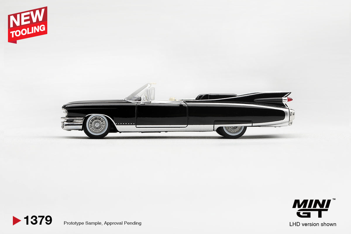 Mini GT Cadillac Eldorado Biarritz 1959 in Black, new tooling, detailed 1:64 scale model.