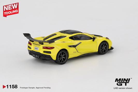 1:64 Mini GT Chevrolet Corvette C8 ZR1 Accelerate Yellow 2025 – yellow mid-engine Corvette die-cast model. Back