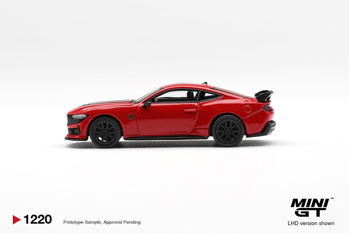 Mini GT 1:64 Ford Mustang Dark Horse Race Red 2025 diecast model. Side