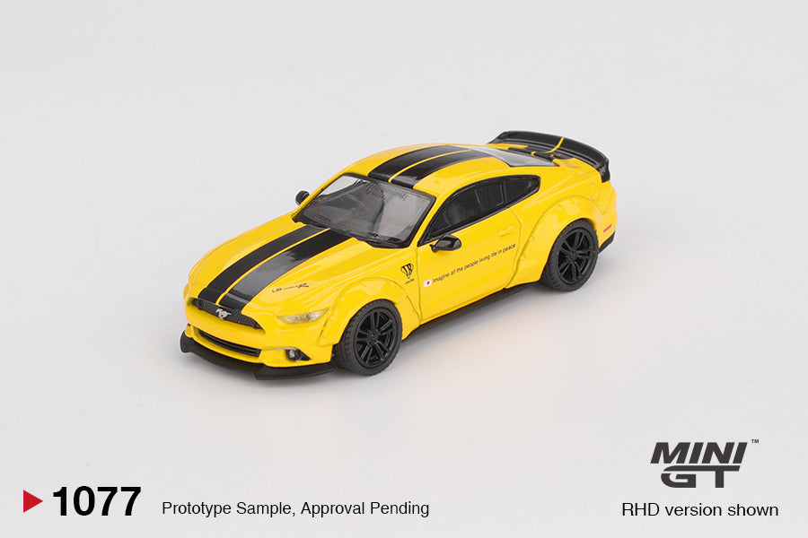 Mini GT Ford Mustang LB-Works 2015 in Triple Yellow with widebody kit and detailed aero parts. Front