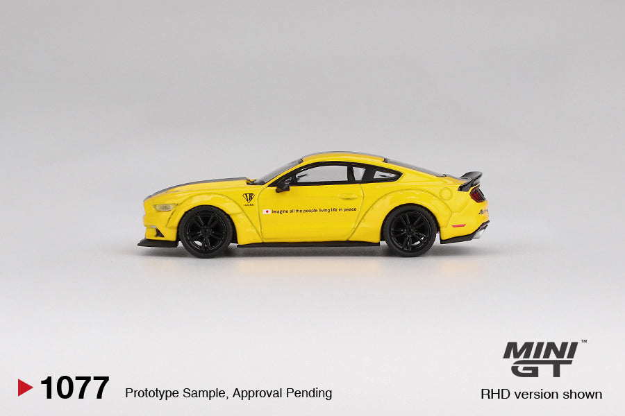 Mini GT Ford Mustang LB-Works 2015 in Triple Yellow with widebody kit and detailed aero parts. Side