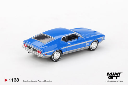 Mini GT 1:64 Ford Mustang Mach 1 1971 Grabber Blue classic muscle car model. Back