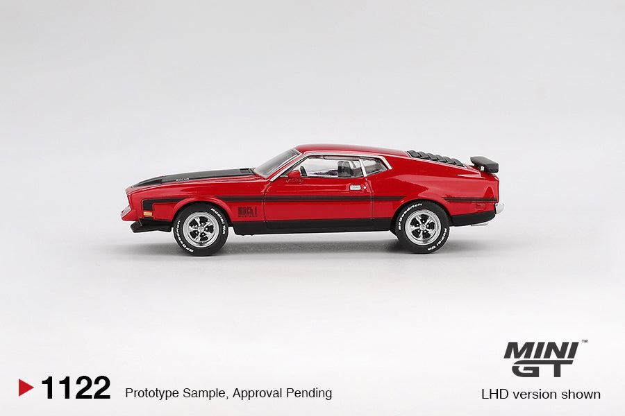 Mini GT Ford Mustang Mach 1 1971 Race Red 1:64 scale diecast model. Side