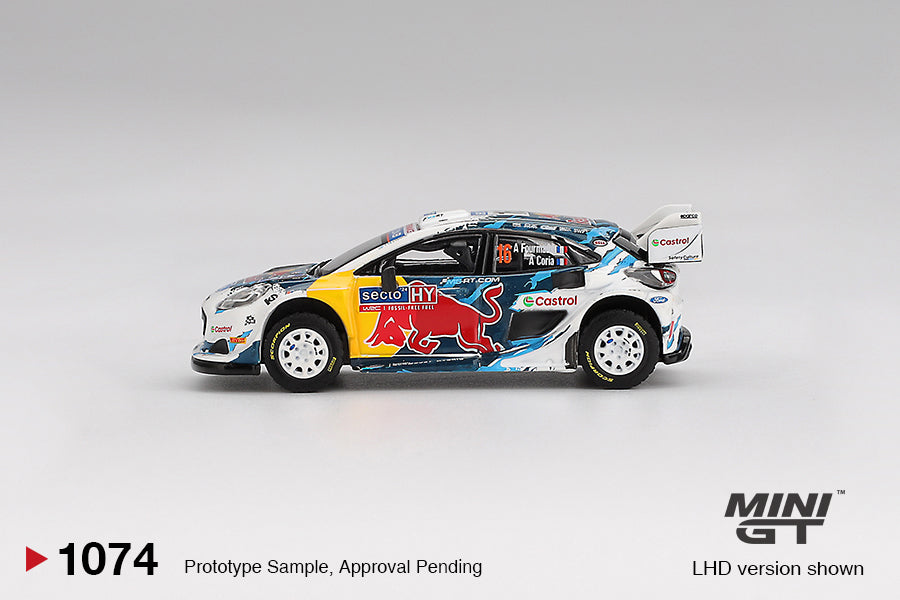 Mini GT Ford Puma Rally 1 #16 M-Sport WRT diecast car in 1:64 scale, Rally Finland 2024 livery, 3rd place finisher. Side