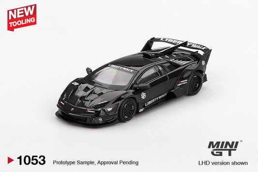 Mini GT Lamborghini Murciélago GT EVO LB-Silhouette 2024 in 1:64 scale with widebody kit and detailed racing features. Front