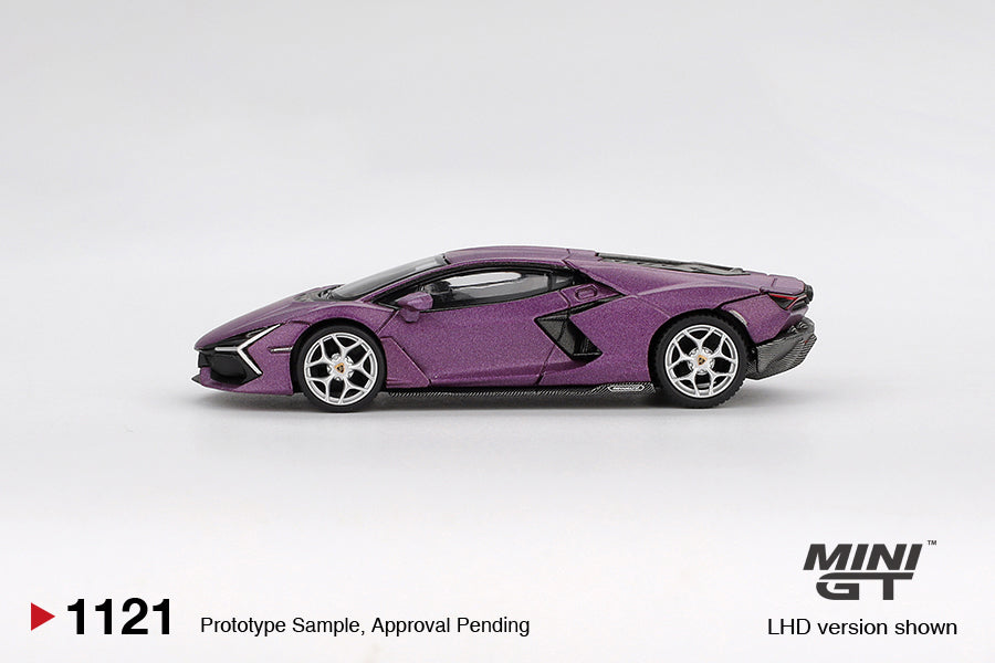 Mini GT Lamborghini Revuelto Viola 30th Matte 2024 1:64 scale diecast model. Side