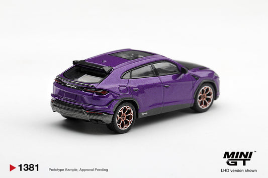 Mini GT Lamborghini Urus Performance 2023 in Viola Pasifae purple, 1:64 scale.