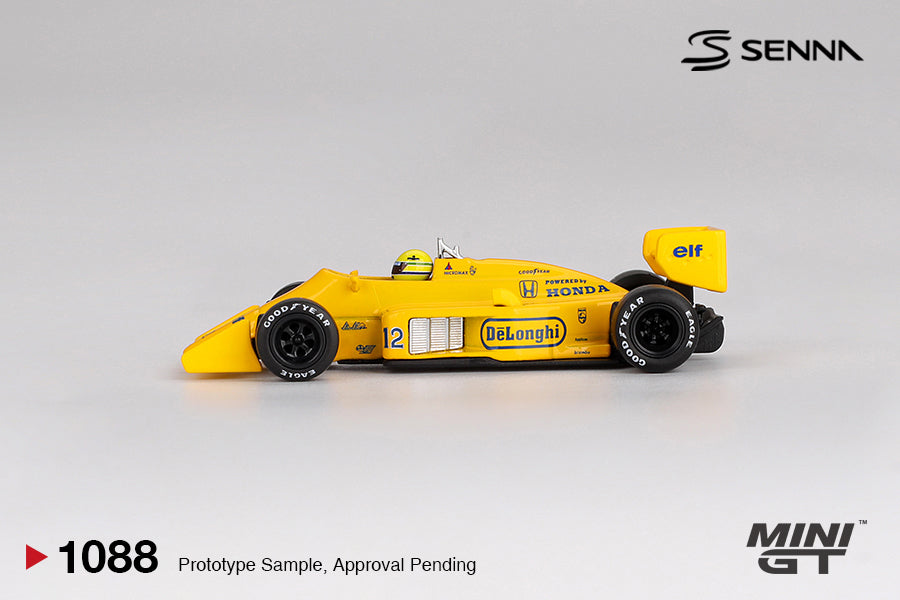 Mini GT 1:64 Lotus 99T #12 Ayrton Senna 1987 Monaco GP Winner diecast model. Side