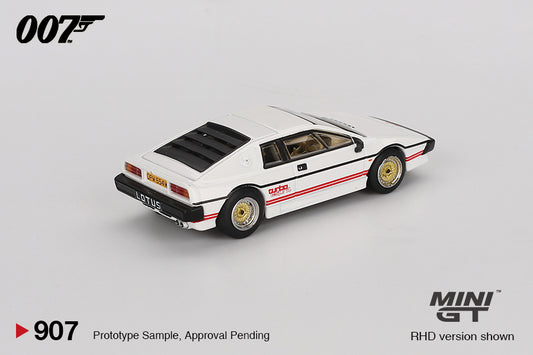 Mini GT 1:64 scale Lotus Esprit Turbo from For Your Eyes Only (1981) in white with red stripes, James Bond collectible. Back