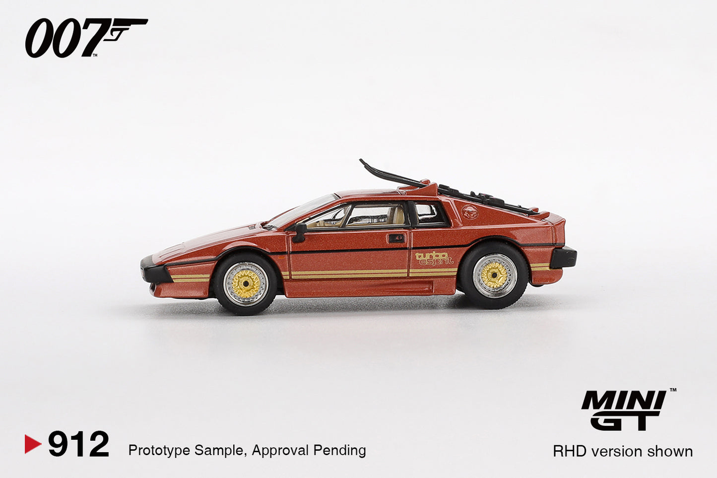 1:64 Mini GT Lotus Esprit Turbo For Your Eyes Only 1981 – red James Bond die-cast model in English. Side
