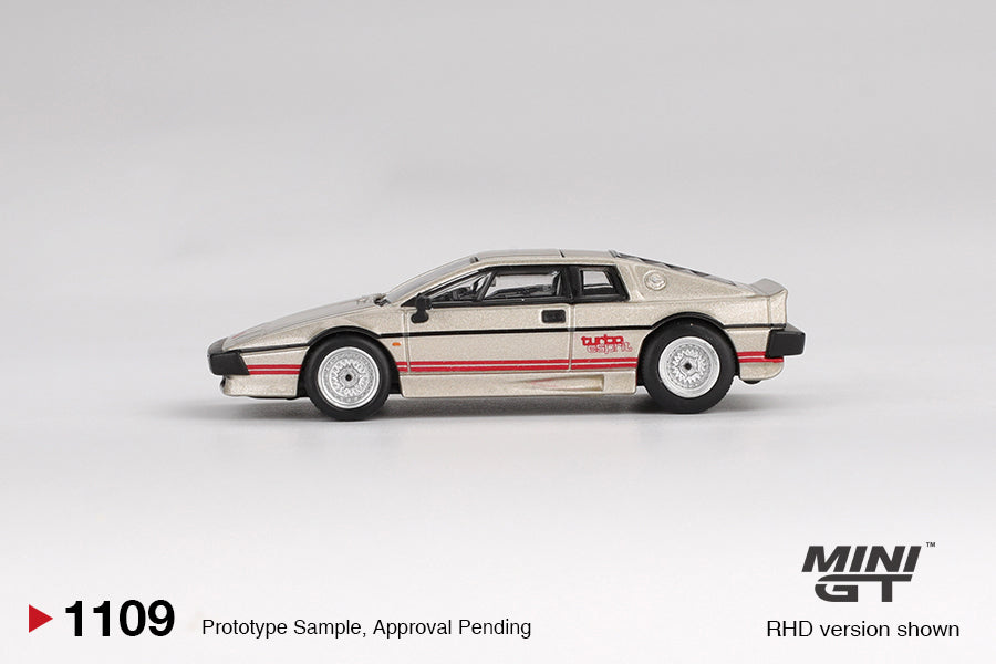 Mini GT Lotus Esprit Turbo 1980 Metallic Silver 1:64 diecast model car. Side