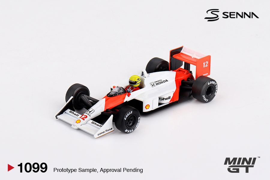 Mini GT 1:64 McLaren MP4/4 #12 Ayrton Senna 1988 Japanese GP Winner diecast model. Front