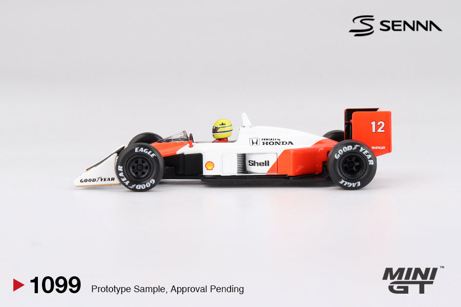 Mini GT 1:64 McLaren MP4/4 #12 Ayrton Senna 1988 Japanese GP Winner diecast model. Side