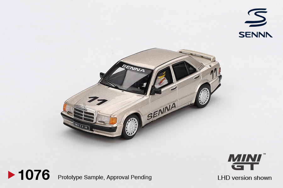 Mini GT Mercedes-Benz 190E 2.3-16 #11 with Ayrton Senna figure, commemorating the 1984 Nürburgring Race of Champions victory. Front
