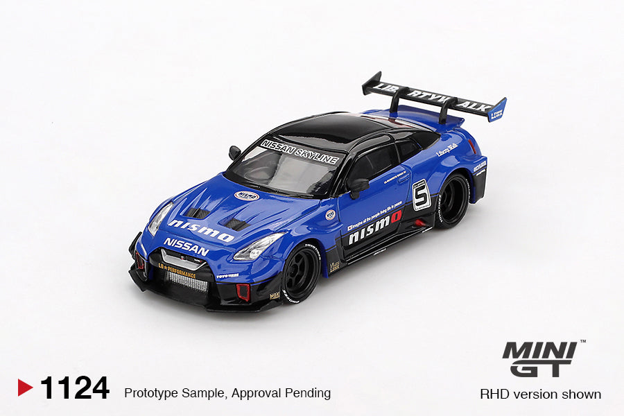 Mini GT Nissan GT-R R35 LB-Silhouette Works GT Blue 2025 1:64 diecast model. Front