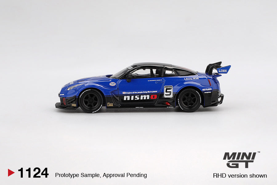 Mini GT Nissan GT-R R35 LB-Silhouette Works GT Blue 2025 1:64 diecast model. Side