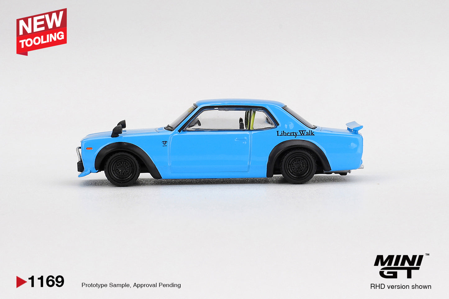 Mini GT 1:64 Nissan Hakosuka LB★Works baby blue widebody Skyline model. Side