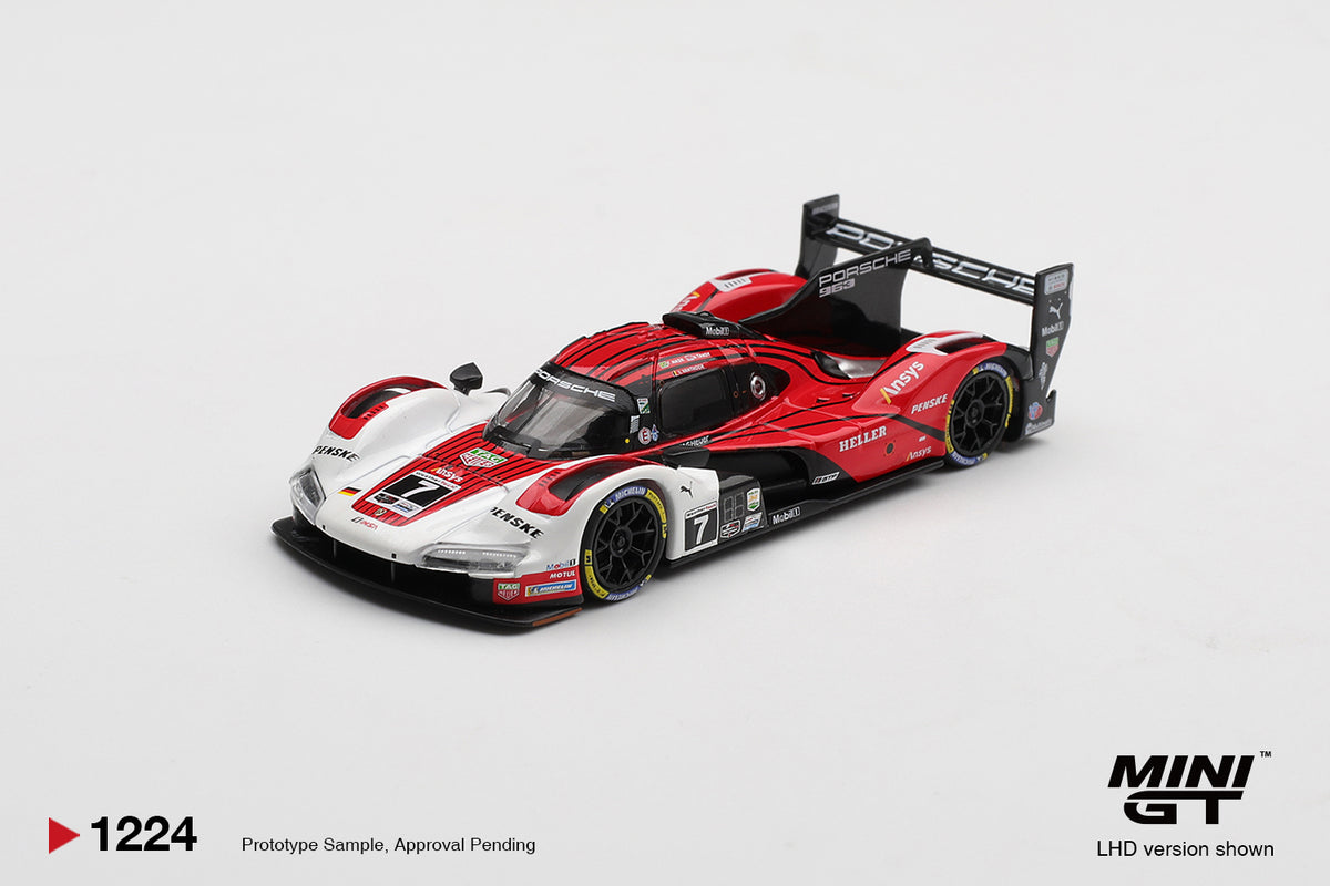 Mini GT 1:64 Porsche 963 #7 Porsche Penske Daytona 2025 winner diecast model. Front