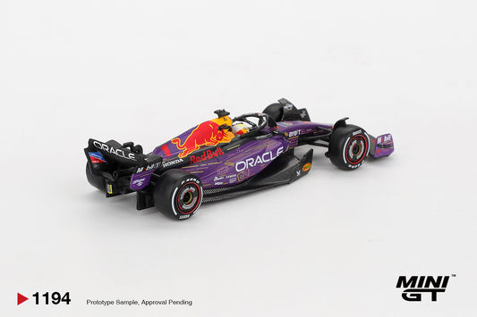 Mini GT Red Bull Racing RB19 #1 Max Verstappen Las Vegas Grand Prix 2023 winner diecast 1:64. Back